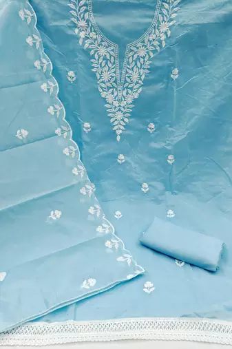 Women's sky blue embroidered dress material