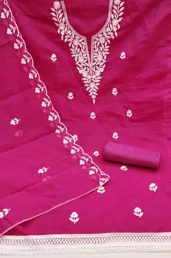 Women's magenta embroidered dress material