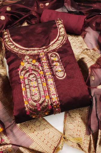 Women's maroon handwork dress material