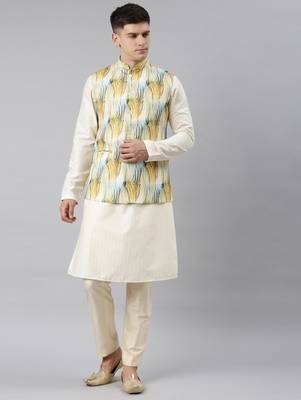 Yellow linen printed jacket with kurta set 1