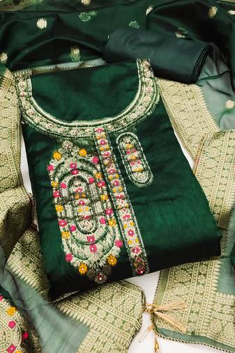 Women's dark green handwork dress material