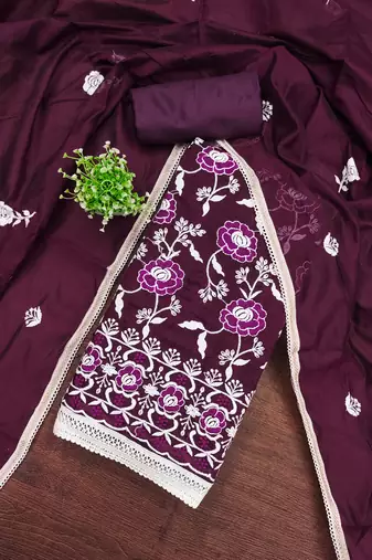 Women's wine embroidered dress material