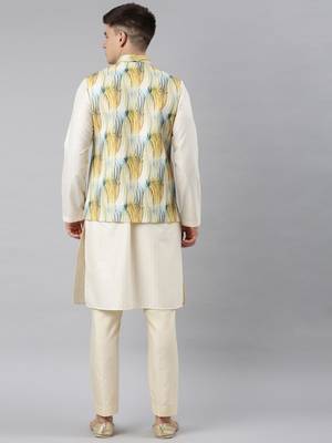 Yellow linen printed jacket with kurta set 4