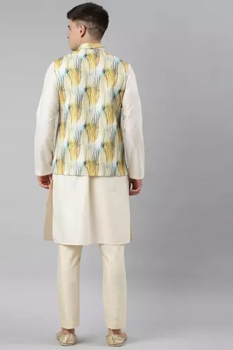 Yellow linen printed jacket with kurta set