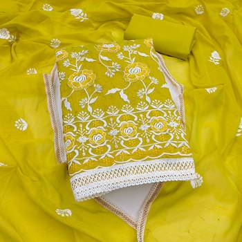Women's lemon yellow embroidered dress material 1