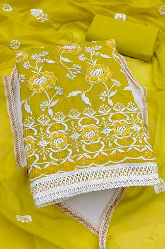 Women's lemon yellow embroidered dress material