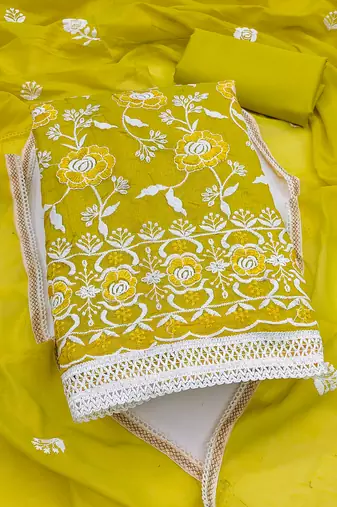 Women's lemon yellow embroidered dress material
