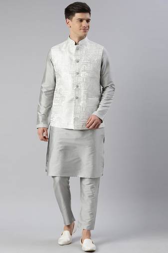 Grey jacquard jacket with kurta set