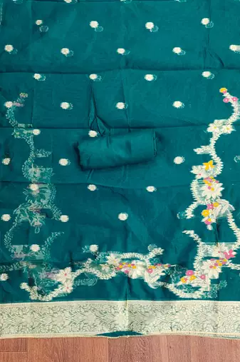 Women's teal handwork dress material