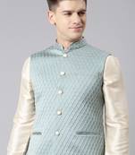 Teal blue jacket with cream kurta set