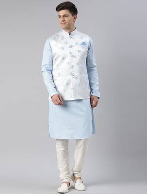 Blue jacquard jacket with blue kurta set 1