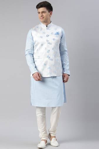 Blue jacquard jacket with blue kurta set