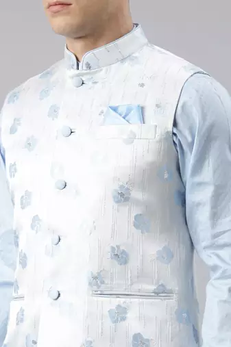Blue jacquard jacket with blue kurta set