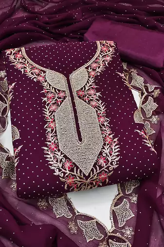 Women's wine embroidered dress material