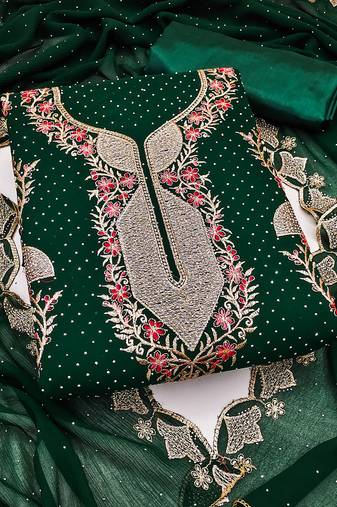 Women's dark green embroidered dress material
