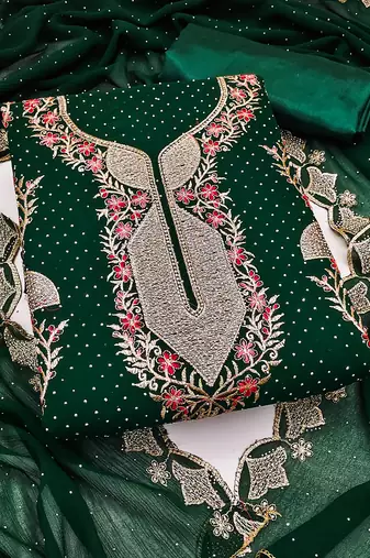 Women's dark green embroidered dress material