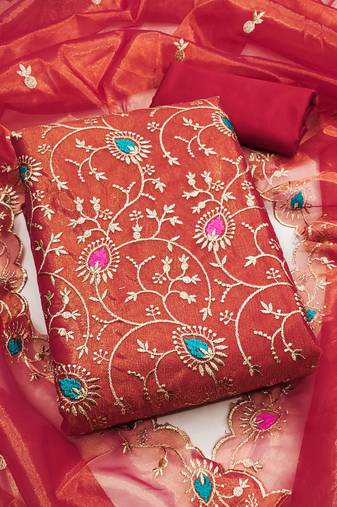 Women's rust embroidered dress material