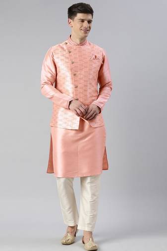 Pink printed  overlap jacket kurta set
