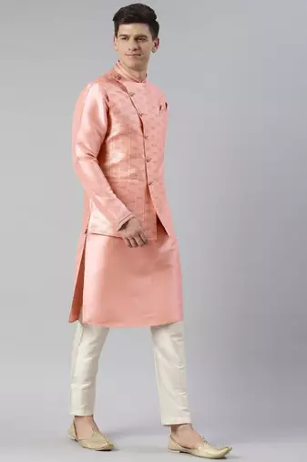Pink printed  overlap jacket kurta set