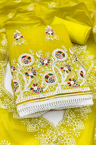 Women's lemon yellow embroidered dress material