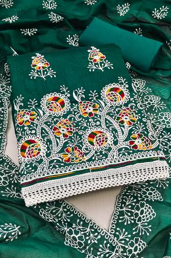 Women's dark green embroidered dress material
