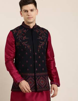 Black pashmina embroidered jacket with maroon kurta set 1