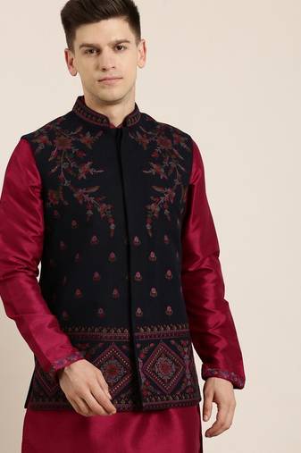 Black pashmina embroidered jacket with maroon kurta set