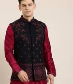 Black pashmina embroidered jacket with maroon kurta set