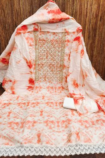 Women's orange embroidered dress material