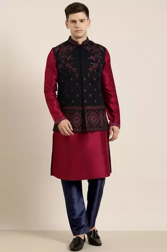 Black pashmina embroidered jacket with maroon kurta set