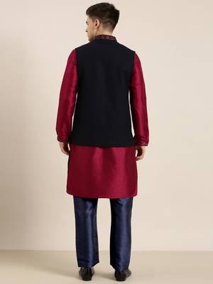 Black pashmina embroidered jacket with maroon kurta set 5