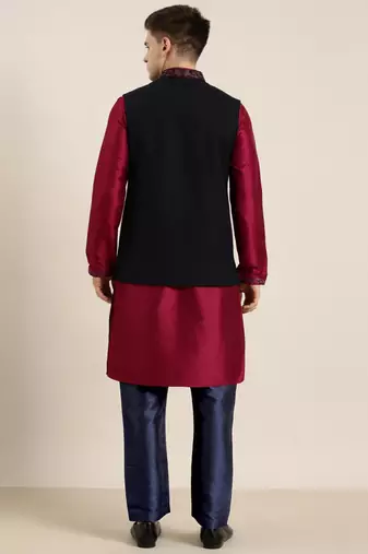 Black pashmina embroidered jacket with maroon kurta set