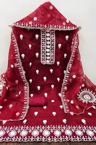Women's maroon embroidered dress material