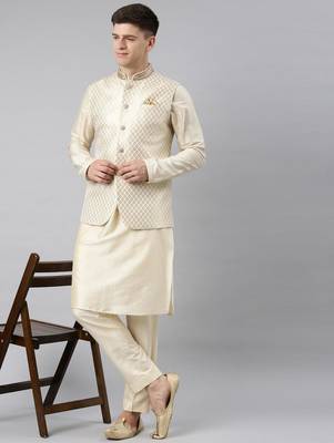 Cream gold jacket with cream kurta 6