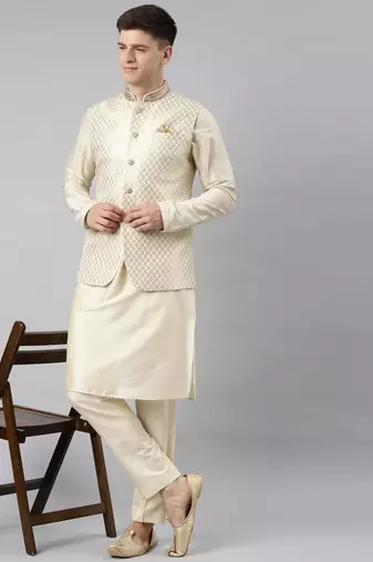 Cream gold jacket with cream kurta