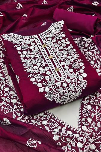 Women's wine embroidered dress material