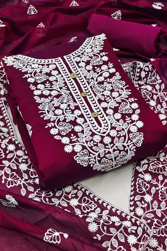 Women's wine embroidered dress material