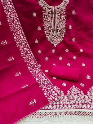 Women's magenta embroidered dress material 2