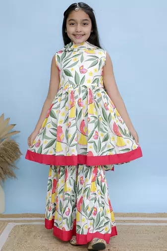 White printed cotton girls sharara set