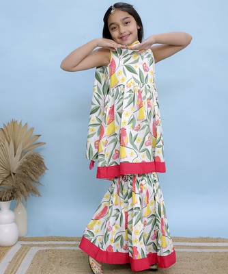 White printed cotton girls sharara set 3