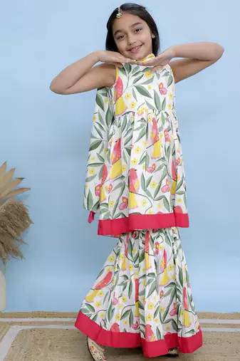 White printed cotton girls sharara set