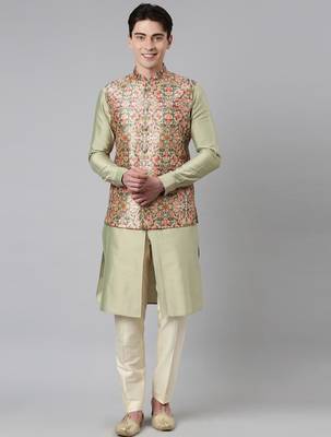 Green floral print jacket with open kurta 1