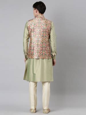Green floral print jacket with open kurta 5