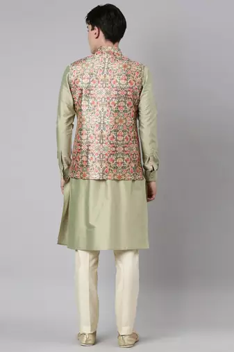 Green floral print jacket with open kurta