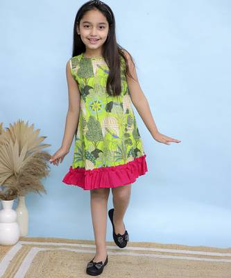 Green printed cotton girls dress 1