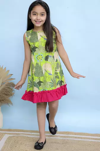 Green printed cotton girls dress