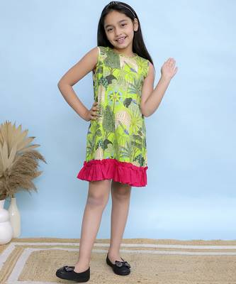 Green printed cotton girls dress 2