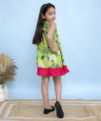 Green printed cotton girls dress 3