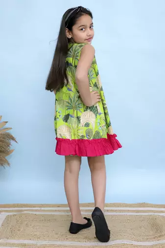 Green printed cotton girls dress