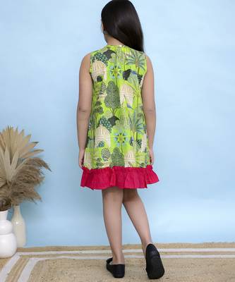 Green printed cotton girls dress 4